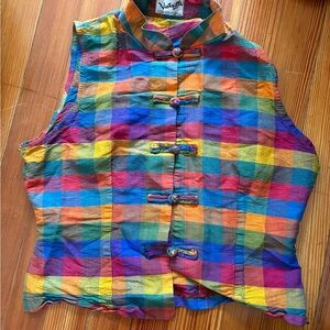 Vintage Plaid Mandarin Collar Blouse Vest 70s